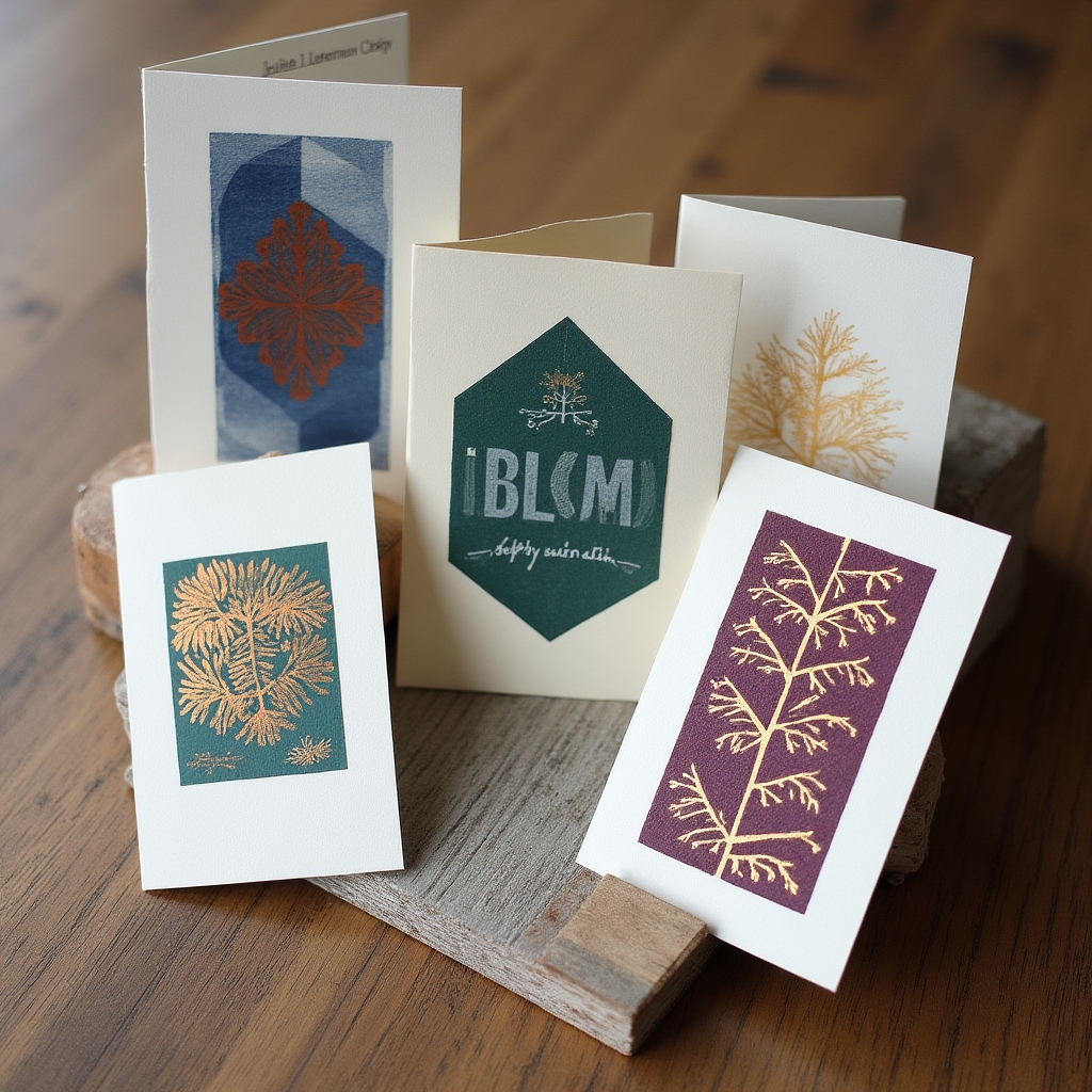 Collection of five letterpress greeting cards arranged on a wooden surface, each printed in two colors with geometric and typographic designs on white cotton paper