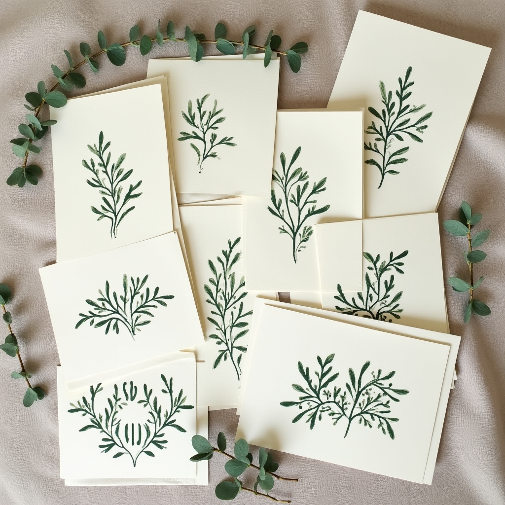 Stack of handcrafted letterpress greeting cards on cotton paper with deep impression showing holiday designs in forest green ink