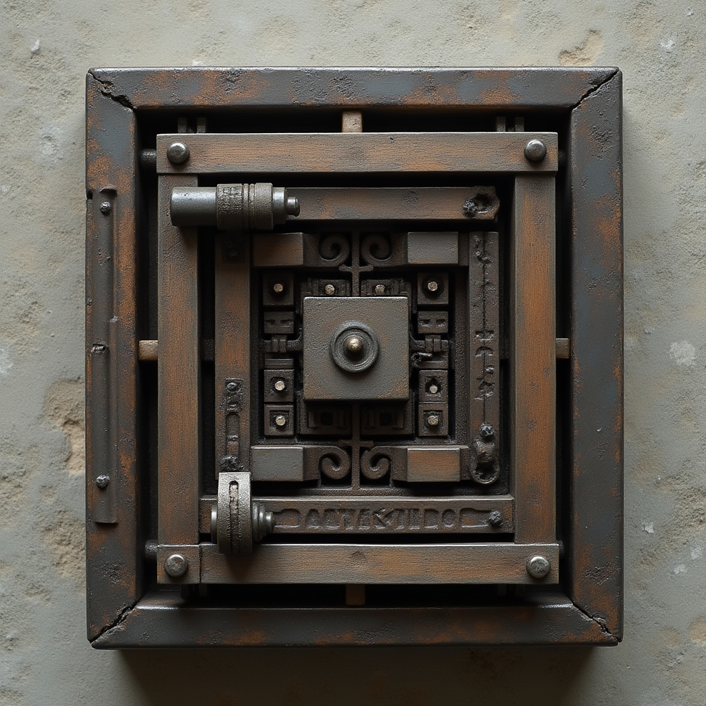 Metal type locked in a steel chase ready for printing, showing the geometric arrangement of type and furniture with quoins tightened for the press