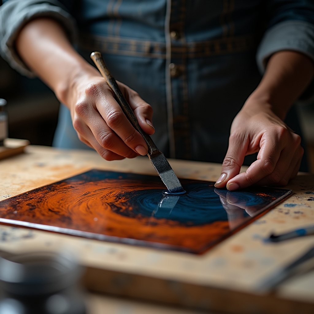 Close-up of letterpress ink being mixed on a glass inking slab with a palette knife, showing rich terracotta and deep navy pigments