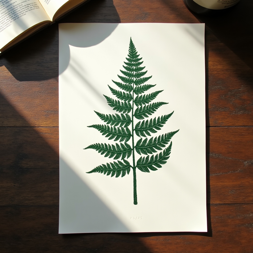 Letterpress art print featuring botanical illustration of ferns printed in deep forest green ink on cream cotton paper with visible impression