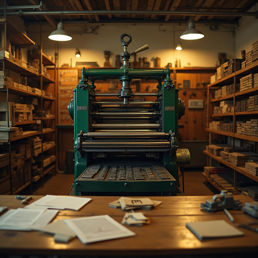 Letterpress printing studio with vintage type cases and a Vandercook press