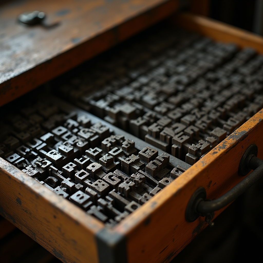 Wooden type cases with organized metal and wood letterpress type sorted by font and size