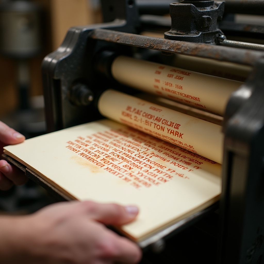 Close-up view of a Vandercook proof press in operation, with a student's hands guiding paper through the cylinder as ink transfers to the sheet